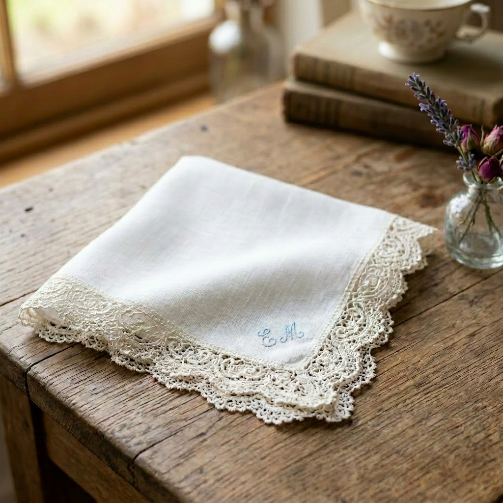 White handkerchief with intricate lace border and blue embroidered initials EM