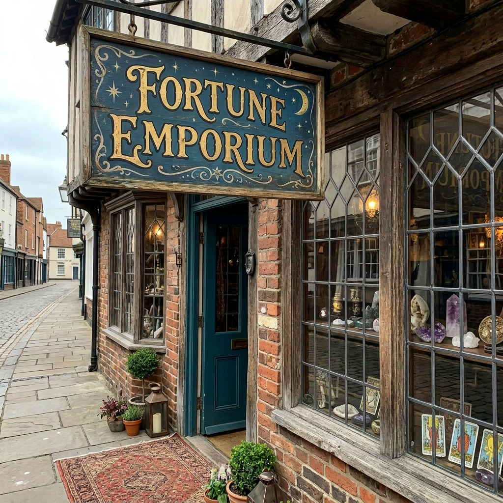 Fortune Emporium storefront sign and window with crystals and tarot cards