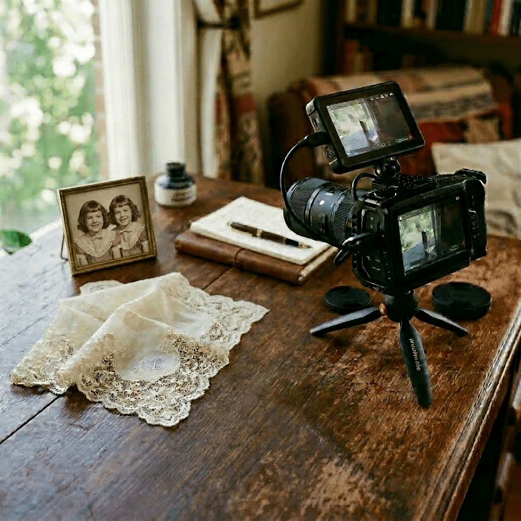 Camera on tripod filming glass prism creating a rainbow spectrum on wooden surface